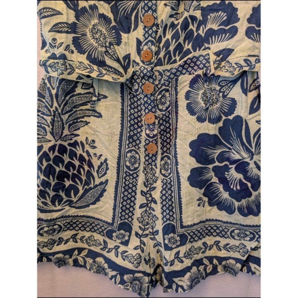 Farm Rio Blue Pineapple Floral Button Front Smocked Back Romper Small SN 300714 - Picture 8 of 14